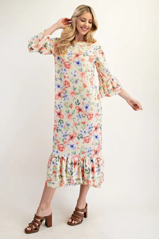 Celeste Soft Yellow Floral Ruffle Trim Dress