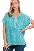 Zenana Light Teal Washed Double Gauze 3/4 Button Henley Neck Shirt LT TEAL