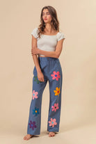 BiBi Flower Print Straight Legs Denim Pants