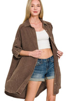 Zenana Brown Washed Double Gauze Button Down Shirt Dress