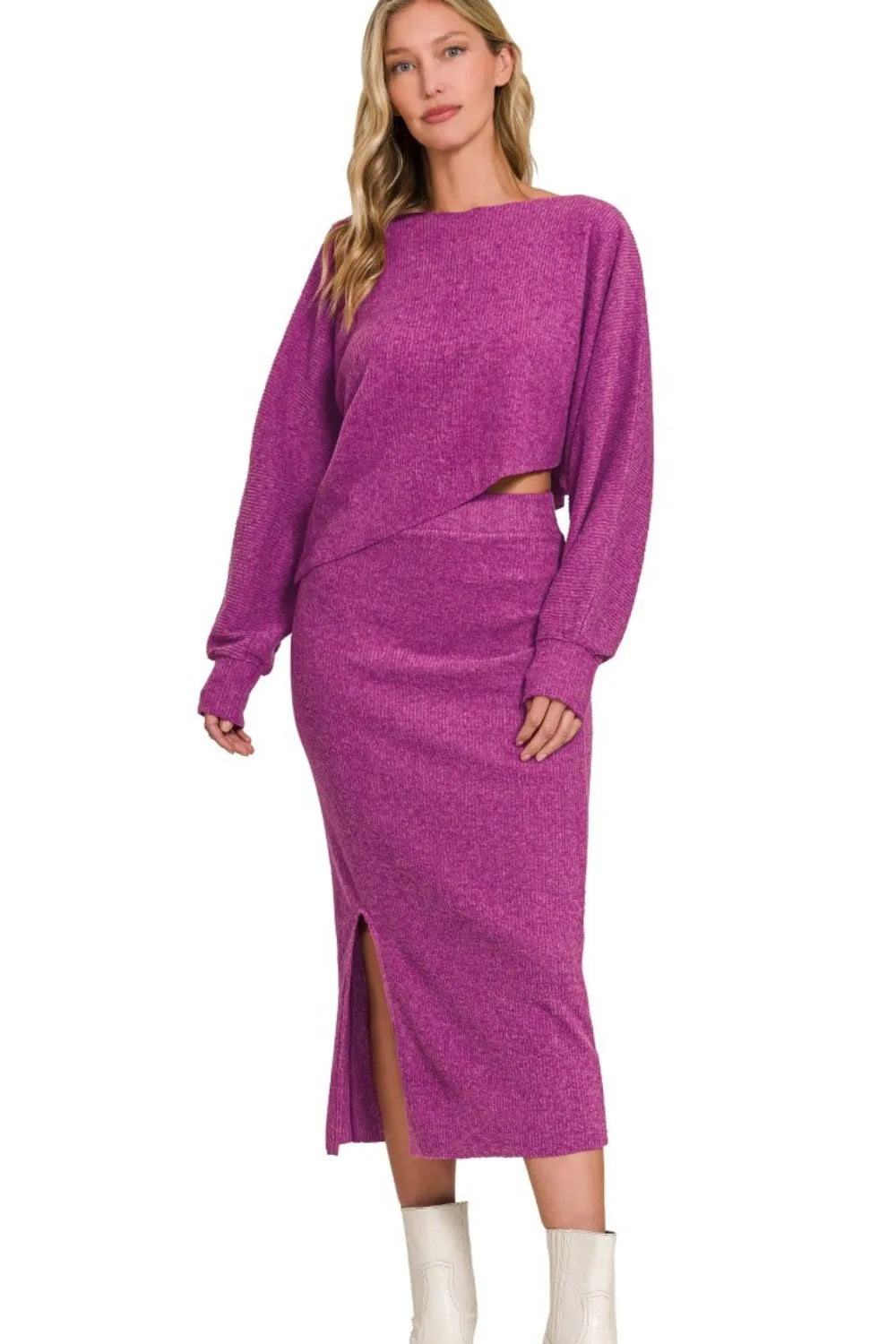 Zenana Light Plum Ribbed Asymmetric Hem and Sleeve Top & Skirt Sweater Set
