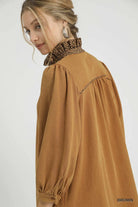 Umgee Brown French Terry Balloon Sleeve Shift Dress with Leopard Print Detail