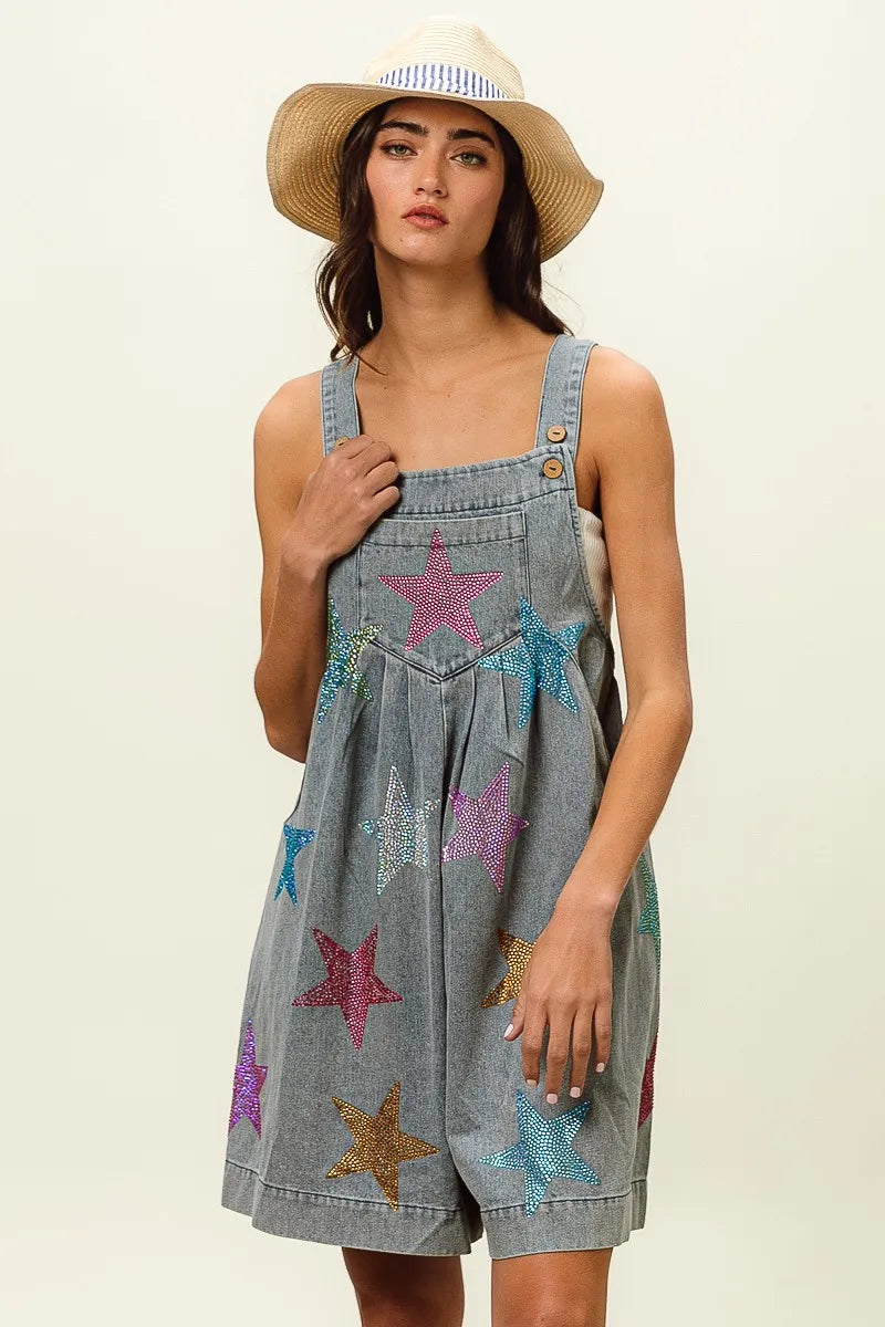 BiBi Star Rhinestone Washed Wide Leg Shortalls
