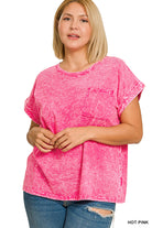 Zenana Hot Pink Crinkle Washed Round Neck Folded Short Sleeve Tee