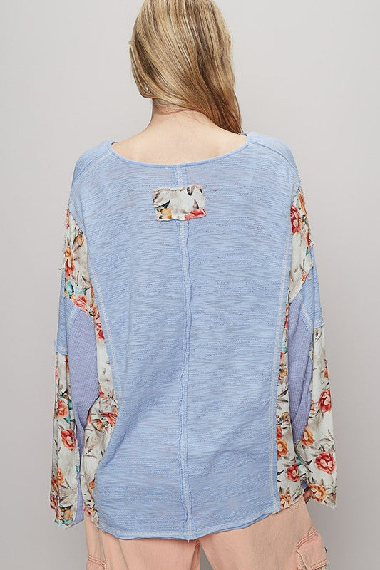 POL Light Blue Floral Stud Detail Star Patch Notched Long Sleeve T-Shirt