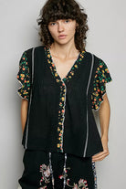 POL Black V-Neck Floral Ruffle Sleeve Blouse