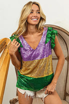 BiBi Mardi Gras Sequin Color Block Ruffled Top