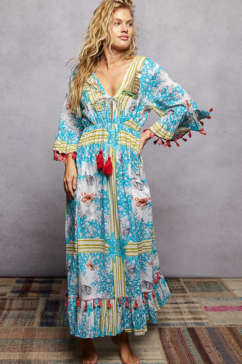 POL Blue Multi Bohemian Print Tassel Trim Maxi Dress IVORY BLUE MULTI