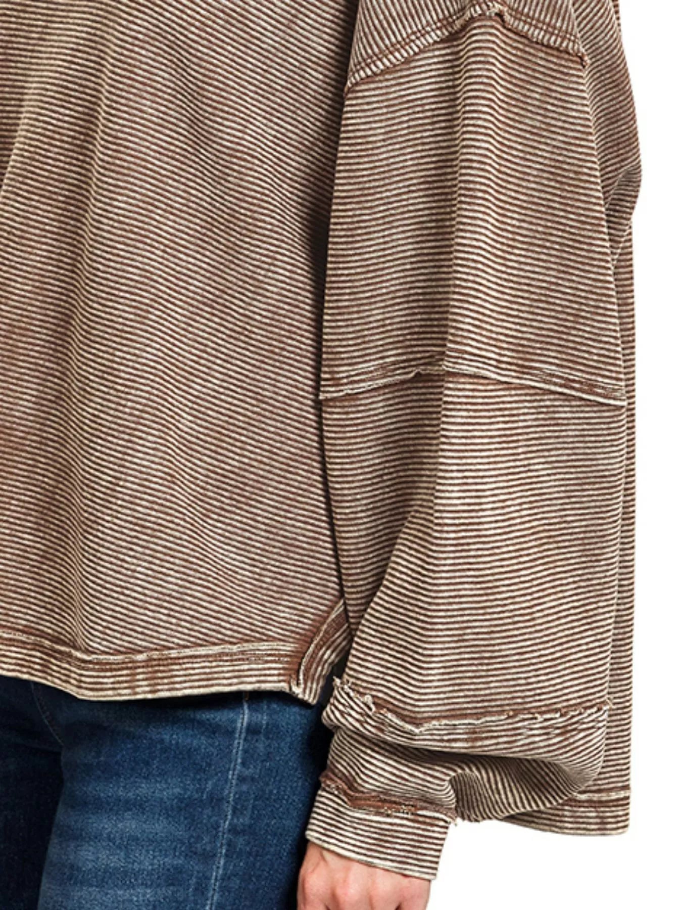 Zenana Brown Acid Washed Double Ribbed Exposed-Seam Sweatshirt