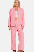 Zenana Dark Pink Quilted Button Up Long Sleeve Top and Pants Lounge Set Loungewear