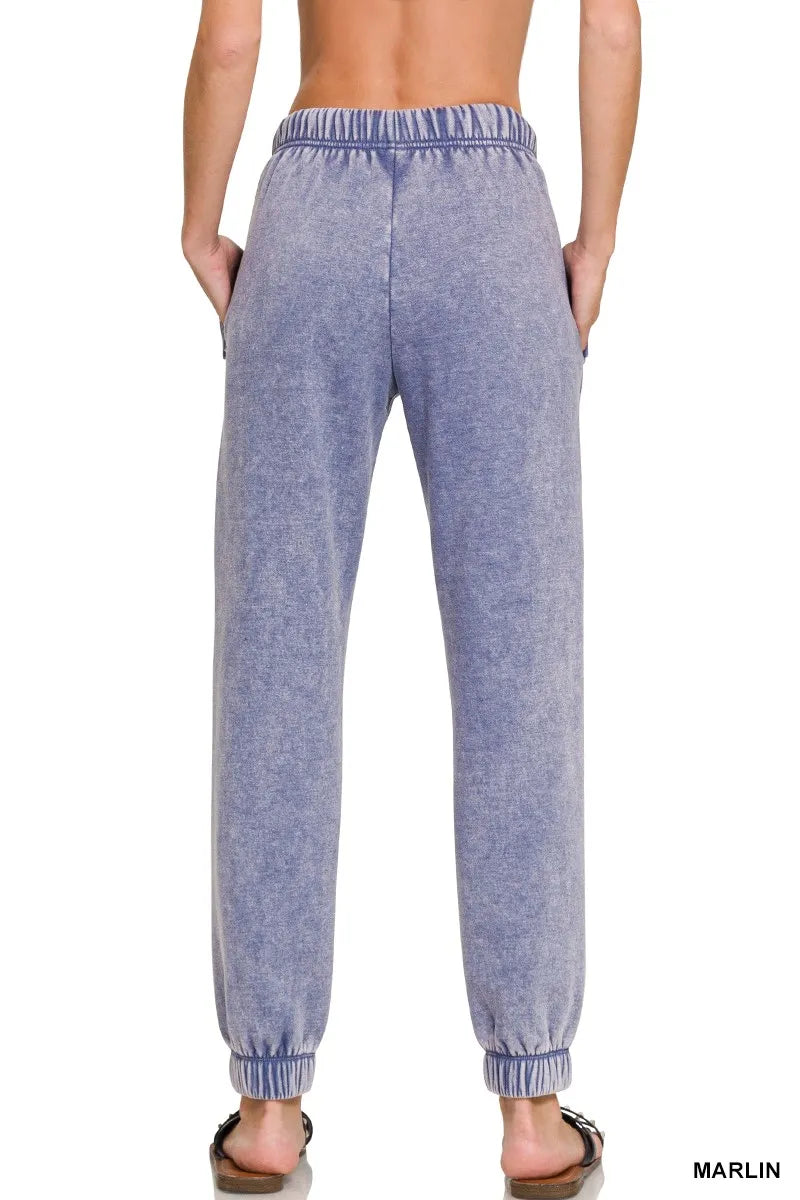 Zenana Marlin Acid Wash Fleece Jogger Sweatpants with Pockets