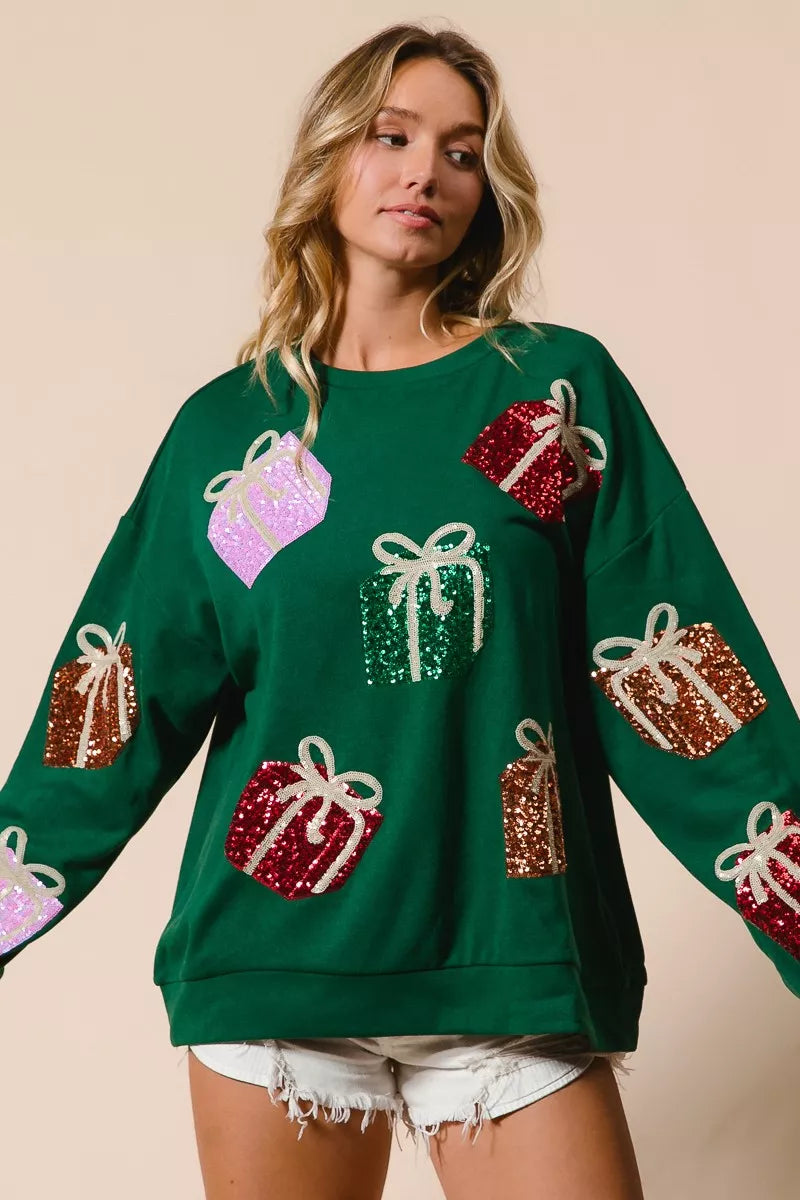 BiBi Green Sequin Christmas Gift Box Embroideries Pullover