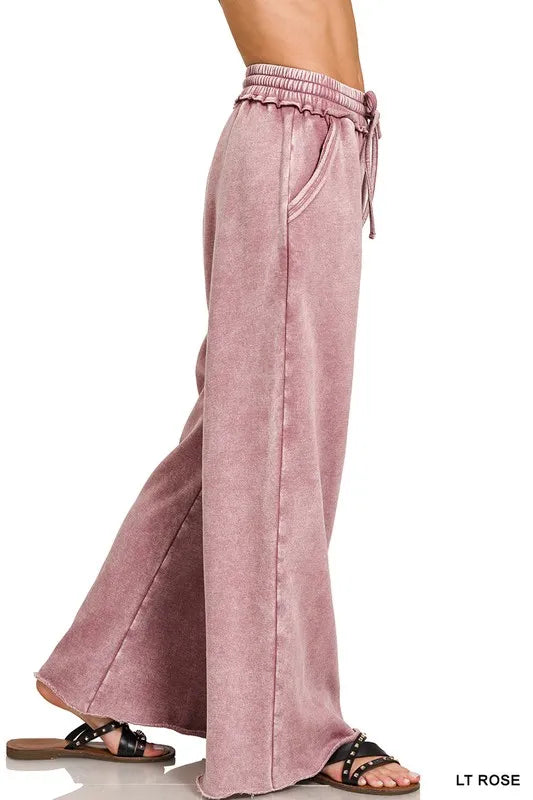 Zenana Light Rose Acid Wash Fleece Palazzo Sweatpants with Pockets