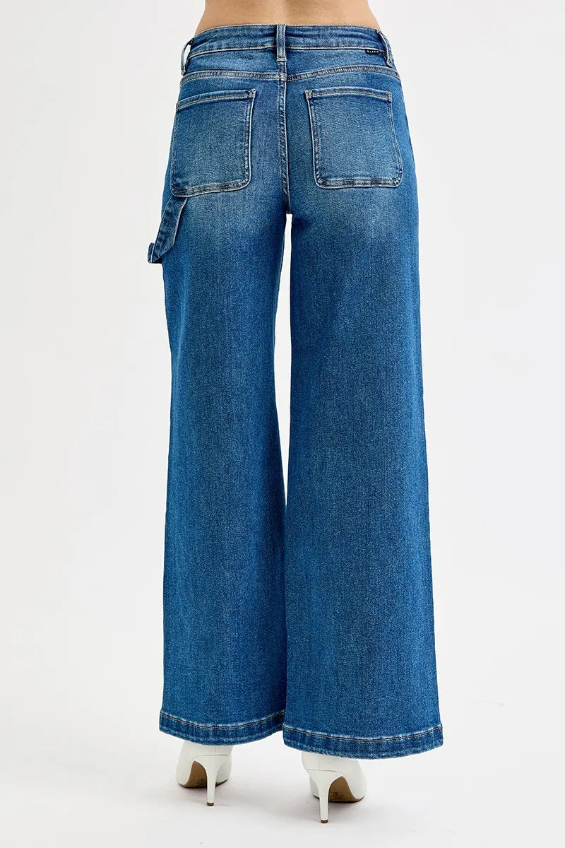 RISEN Dark Washed High Rise Wide Leg Patch Detailed Jeans