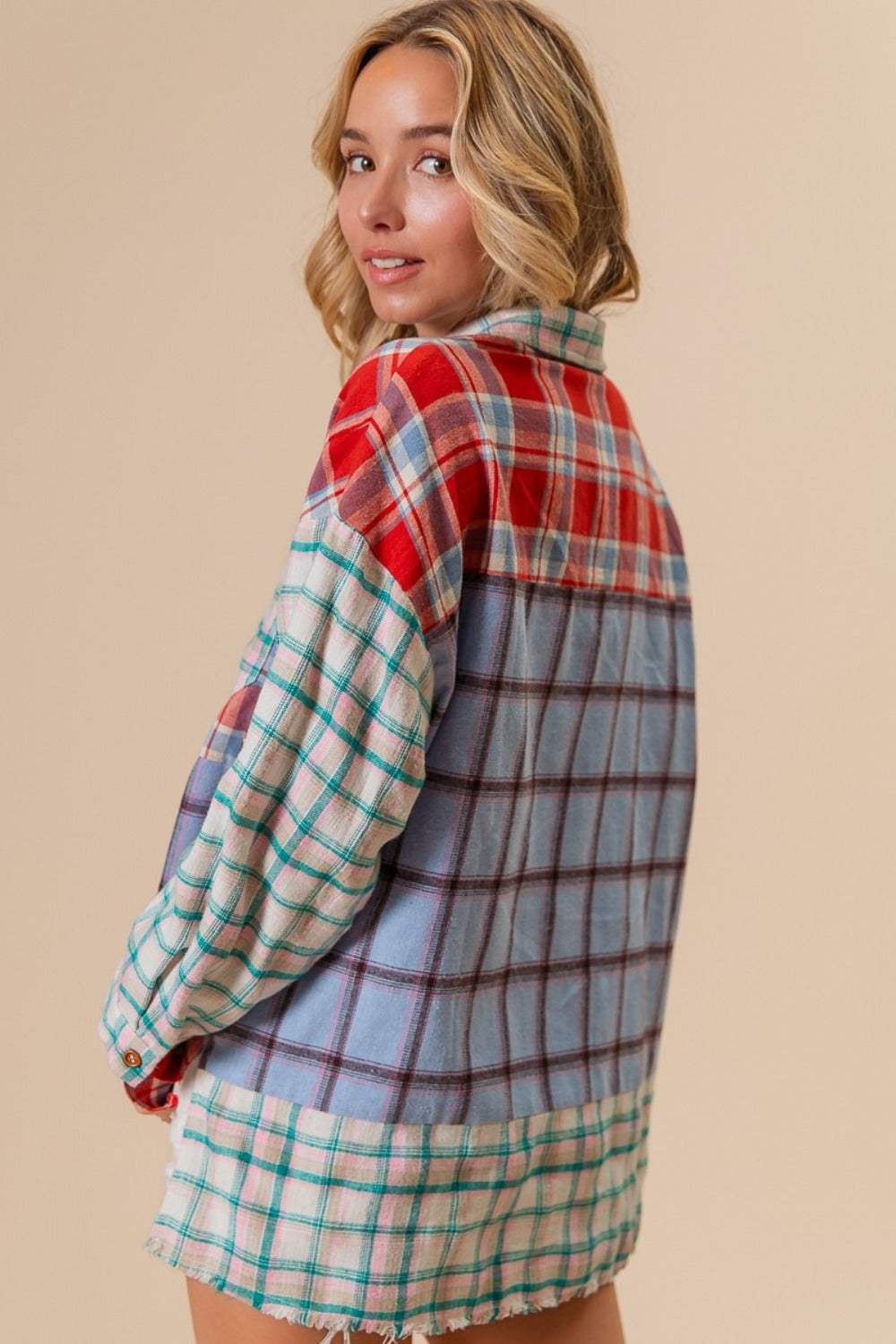 BiBi Denim Color Block Plaid Button Down Shirt Trendsi