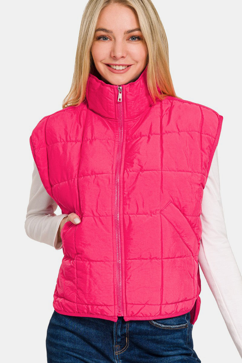 Zenana Hot Pink Zip Up Cropped Puffer Vest with Pockets Hot Pink Trendsi