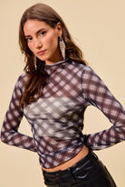 SO ME Plaid Mesh Knit Long Sleeve Top with Thumb Opening