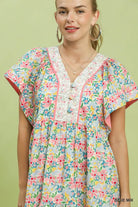 Umgee Blue Mix Floral Tiered Mini Dress with Side Pockets