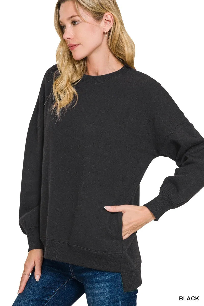 Zenana Black Fleece Hi-low Boyfriend Sweatshirts with Pockets BLACK