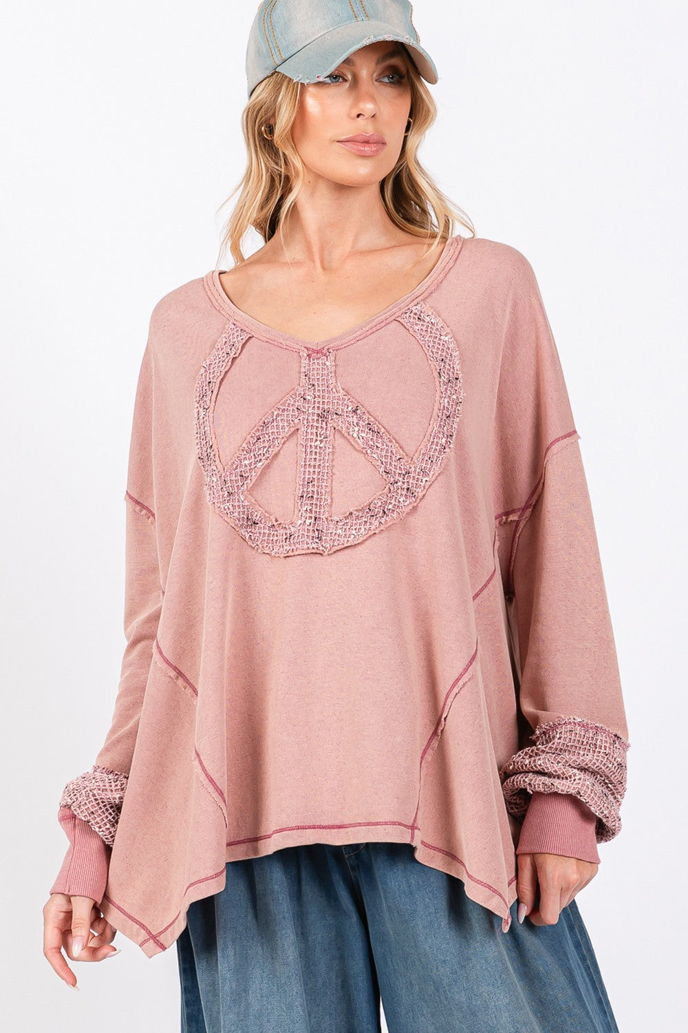 SAGE + FIG Mauve Peace Sign Mineral Wash Terry Top Trendsi