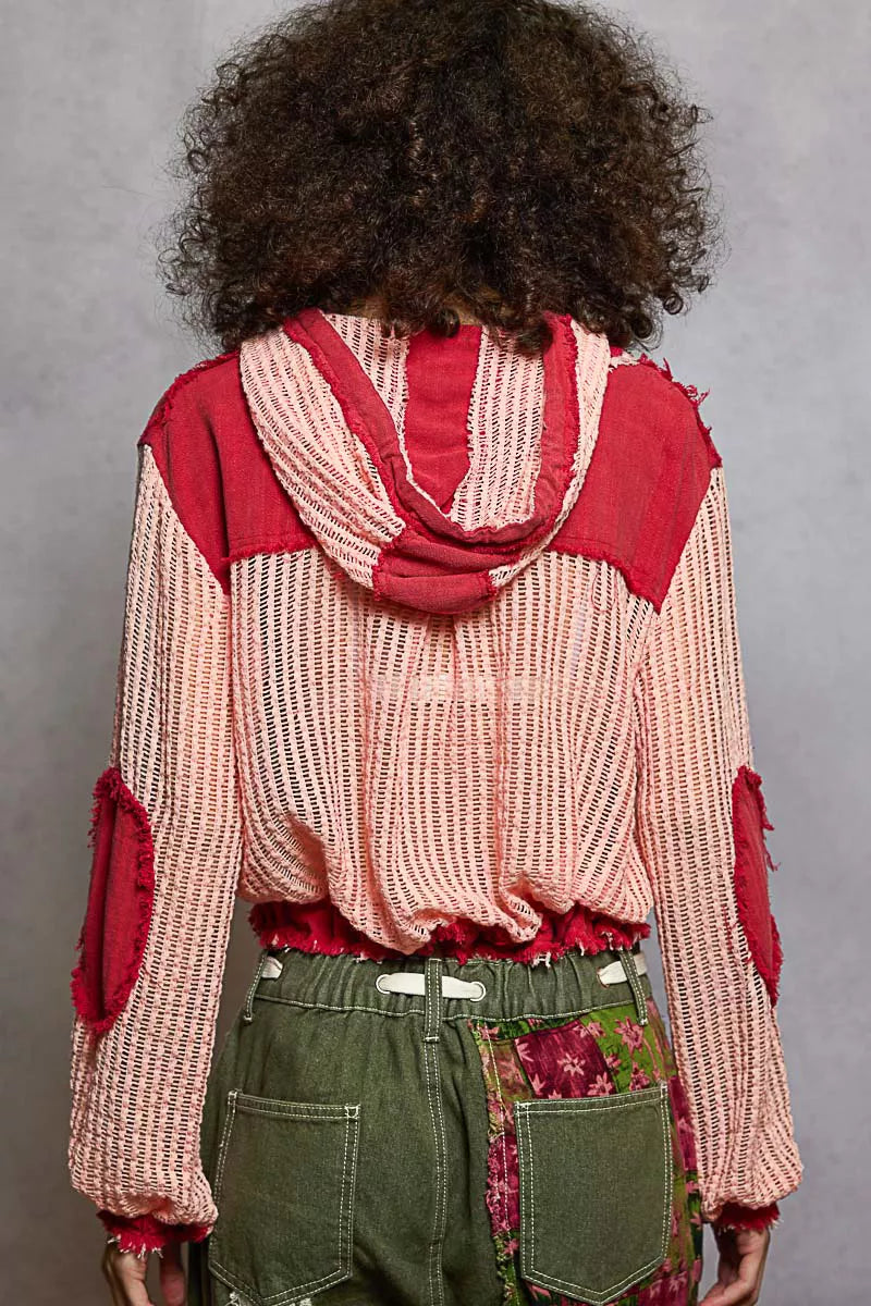 POL Blush Red Texture Woven Button Down Hooded Shirt with Drawstring Hem