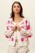 BiBi Fuchsia Combo Flower Crochet Lace Button Up Cardigan Trendsi