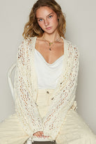 POL Ivory Cable-Knit Openwork V-Neck Button Up Cardigan Ivory