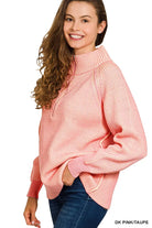 Zenana Ribbed Two Tone Half Zip Sweater r in Dark Pink/Taupe