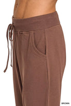 Zenana Brown Drawstring Cotton Joggers with Pockets