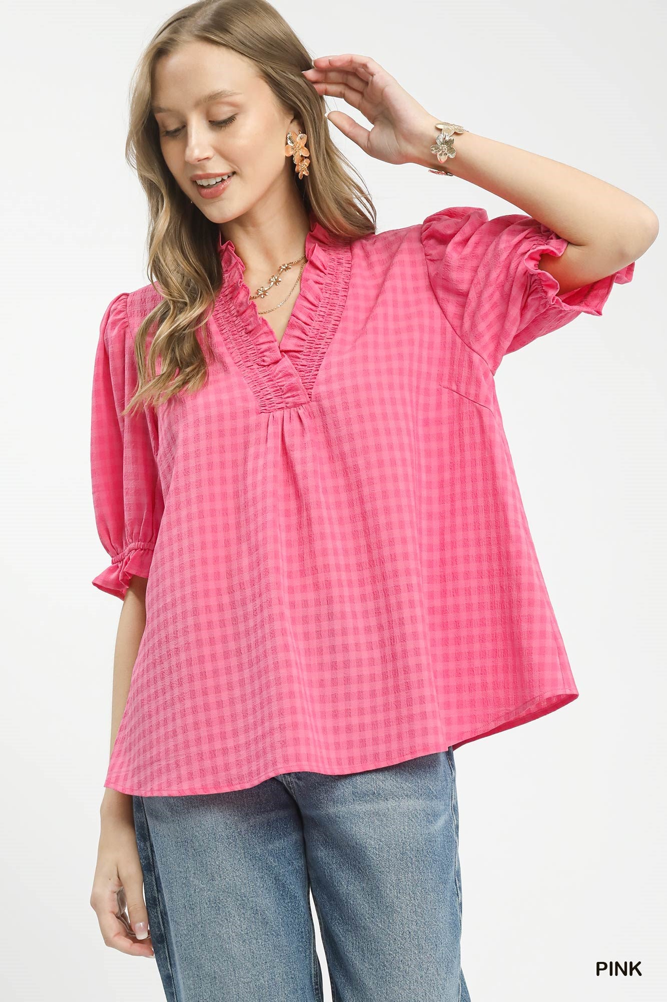 Umgee Pink Textured Check Ruffle V-Neck Blouse PINK