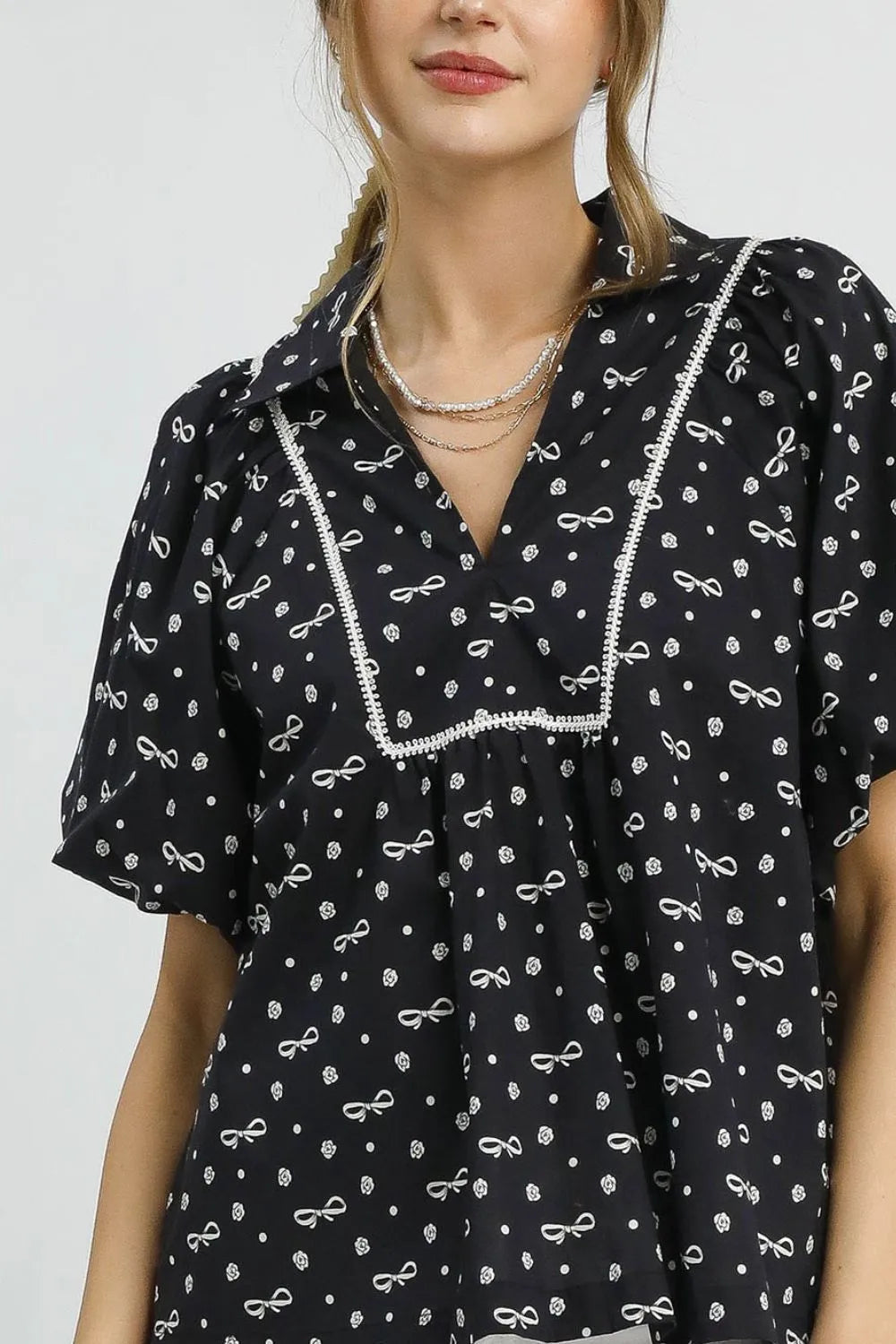 Umgee Black Bow Puff Sleeve Babydoll Blouse