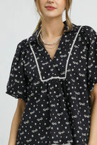 Umgee Black Bow Puff Sleeve Babydoll Blouse