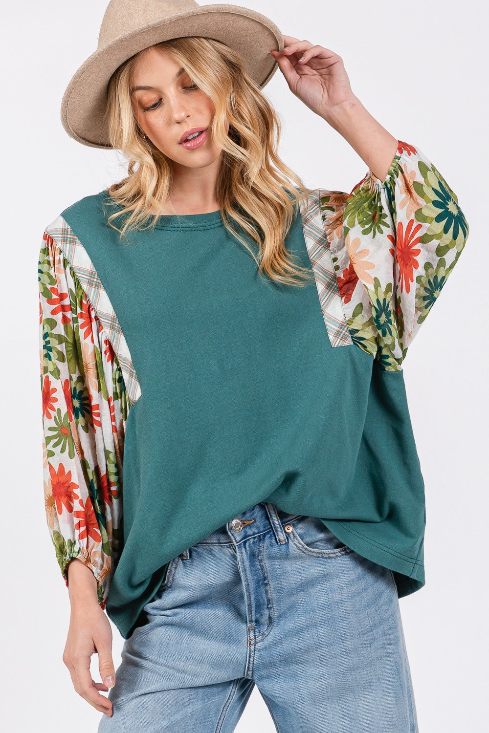 SAGE + FIG Teal Printed Balloon Sleeve Contrast Top Teal Trendsi