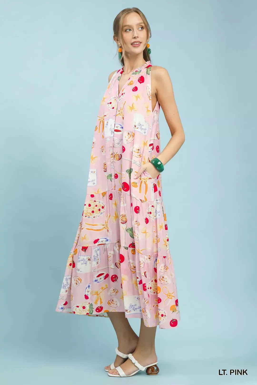 Umgee Light Pink Abstract Print Tiered Halter Midi Dress