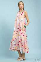 Umgee Light Pink Abstract Print Tiered Halter Midi Dress
