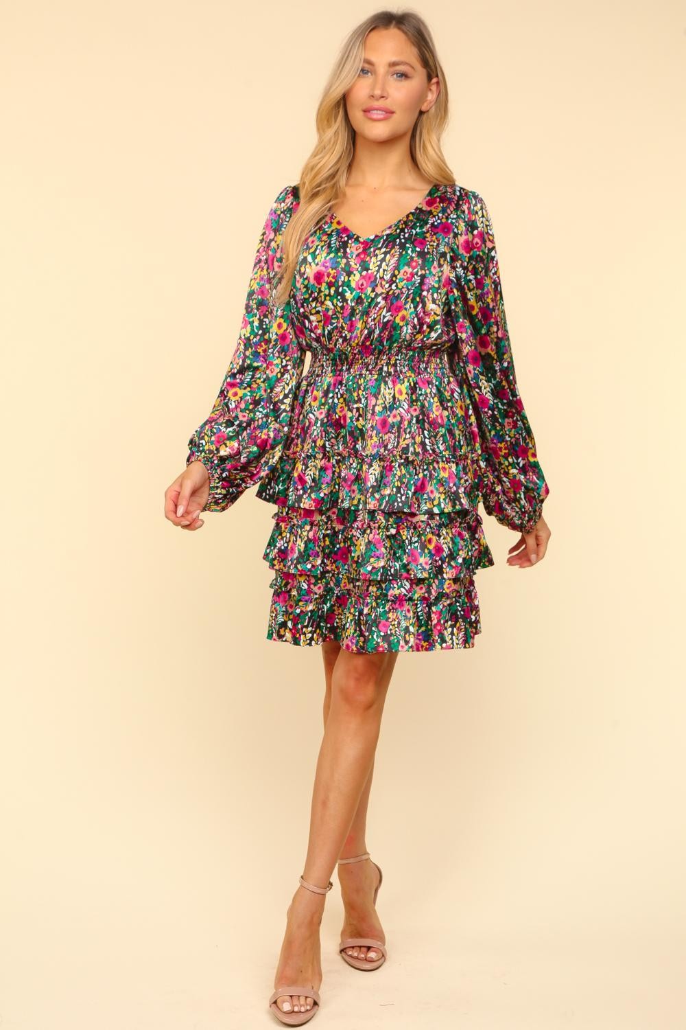 Haptics V-Neck Satin Floral Layered Dress Trendsi