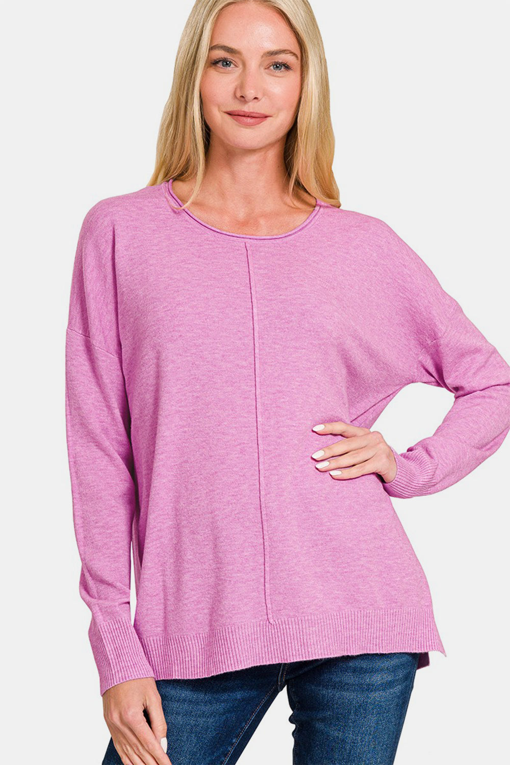 Zenana Moonlit Mauve Front Seam Round Neck Sweater Moonlit Mauve Shirts & Tops