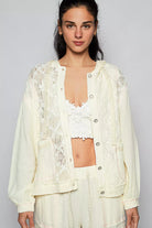 POL Natural Exposed Seam Button Down Hooded Jacket with Lace Detail NATURAL