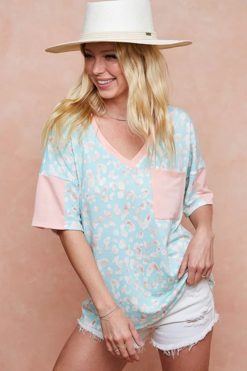 BiBi Mint Multi Color Leopard Printed French Terry Top