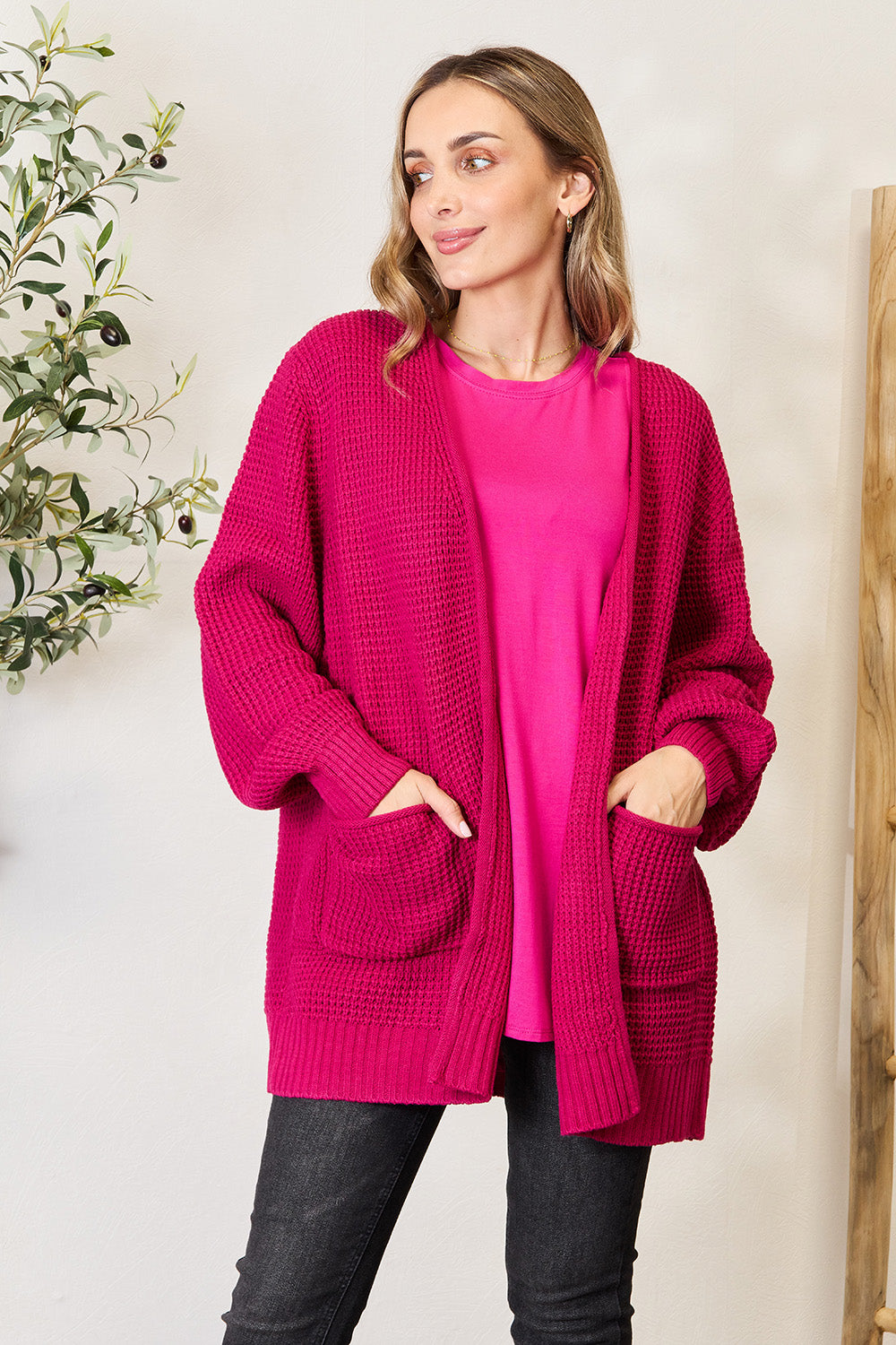 Zenana Magenta Waffle-Knit Open Front Cardigan Magenta Trendsi