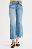 RISEN Light Washed Mid Rise Frayed Hem Crop Wide Leg Jeans