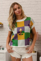 BiBi Sequin Embroidery Mardi Gras Checker Sweater Top