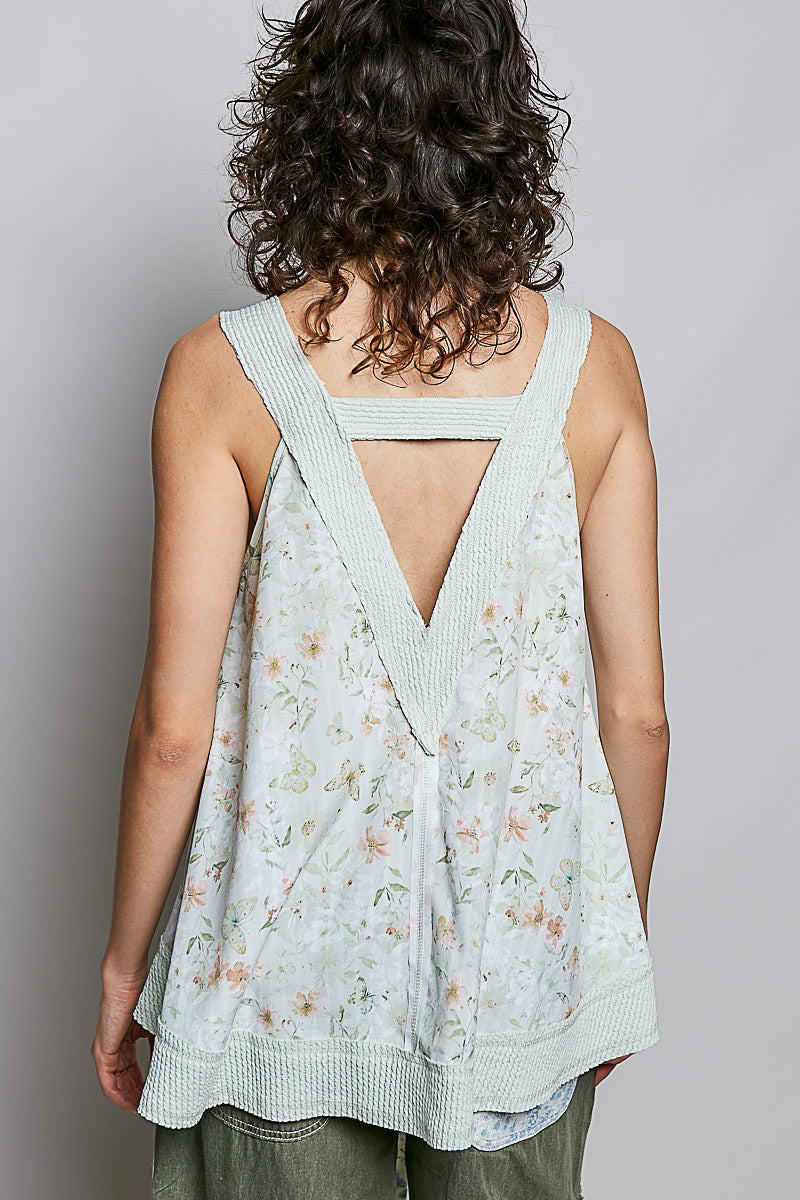 POL Sage Multi Floral V-Neck Tank with Front Pocket
