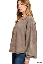 Zenana Brown Acid Washed Double Ribbed Exposed-Seam Sweatshirt