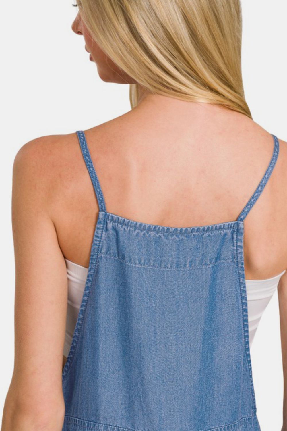 Zenana Washed Adjustable Strap Wide Leg Denim Overalls in Dusty Blue Jumpsuits & Rompers