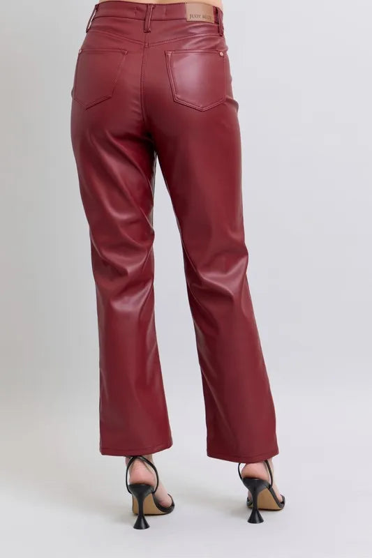 Judy Blue Red High Waist Tummy Control Faux Leather Straight Pants