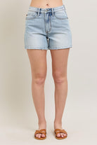 Judy Blue Light Washed Rigid Front Frayed Hem High Rise Denim Magic Shorts with Pockets Light