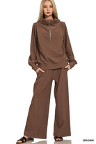 Zenana Brown Ribbed High Neck Half Zip Pullover & Pants Set BROWN