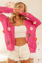 BiBi Fuchsia Flower Patches Open Knit Sweater Cardigan