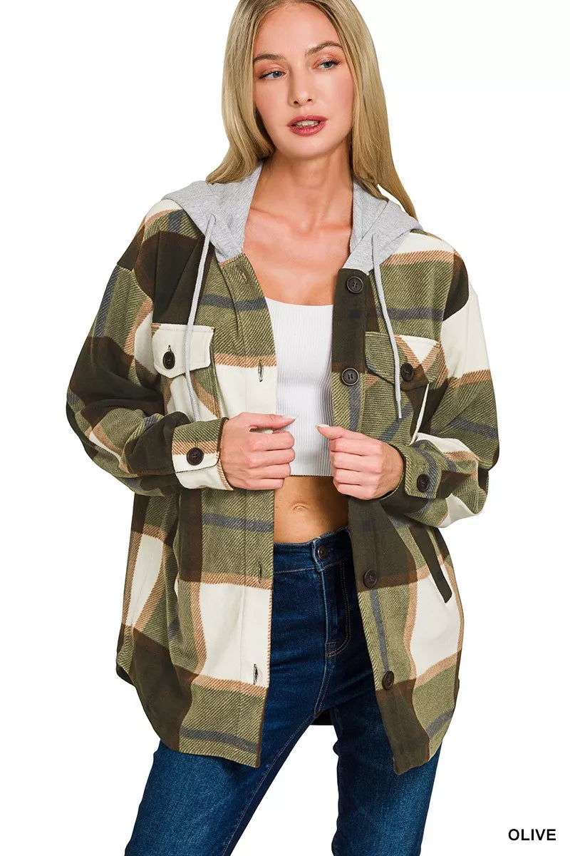 Zenana Olive Plaid Drawstring Hooded Fleece Shacket